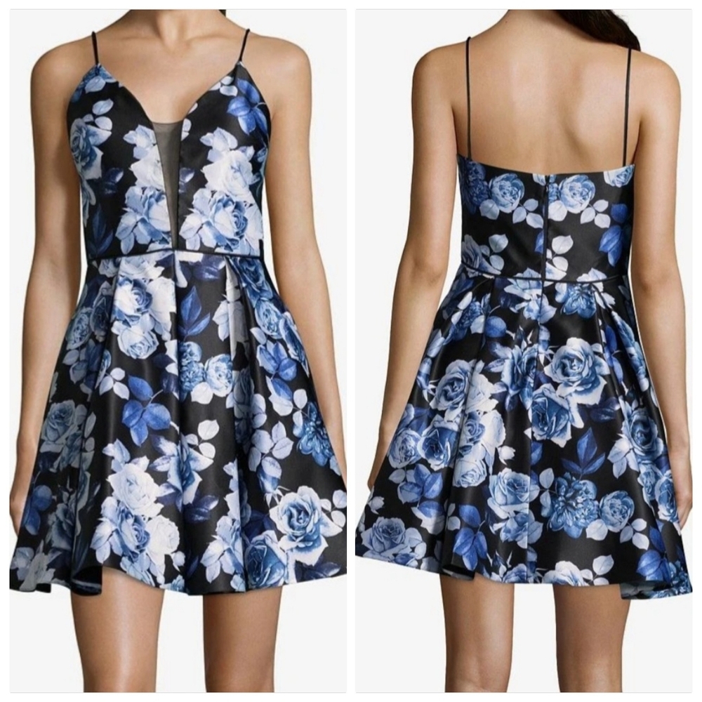 Betsy & Adam Cocktail Dress  Fit & Flare Black/Blue Floral Women's Sz 6 LIKE NEW
